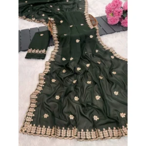Generic Women's Georgette Embroidered Saree With Unstitched Blouse 5.5Mtr (Green)