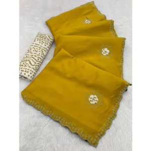 Generic Women's Chiffon Butti Dotted Saree With Unstitched Blouse 5.5Mtr (Yellow)