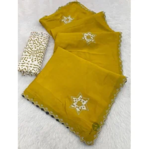 Generic Women's Chiffon Butti Dotted Saree With Unstitched Blouse 5.5Mtr (Yellow)