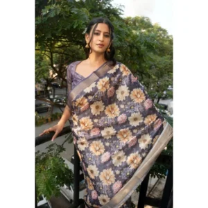 Generic Women's Polyester Printed Saree With Unstitched Blouse 5.5 Mtr (Purple)