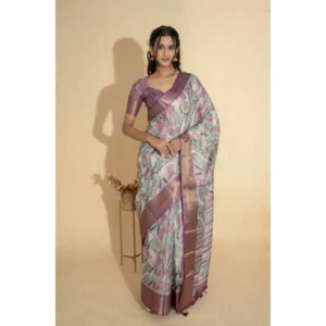 Generic Women's Polyester Printed Saree With Unstitched Blouse 5.5 Mtr (Light Purple)