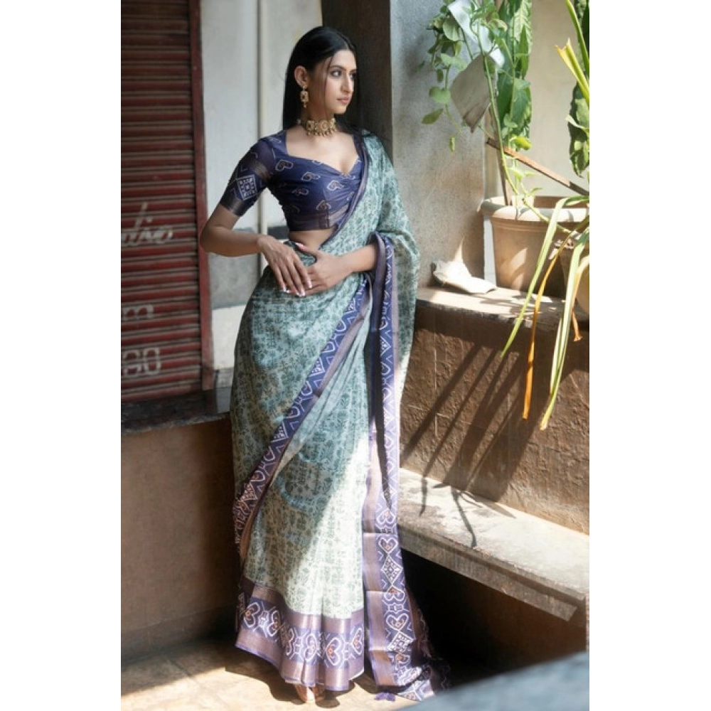 Generic Women's Polyester Printed Saree With Unstitched Blouse 5.5 Mtr (Green)