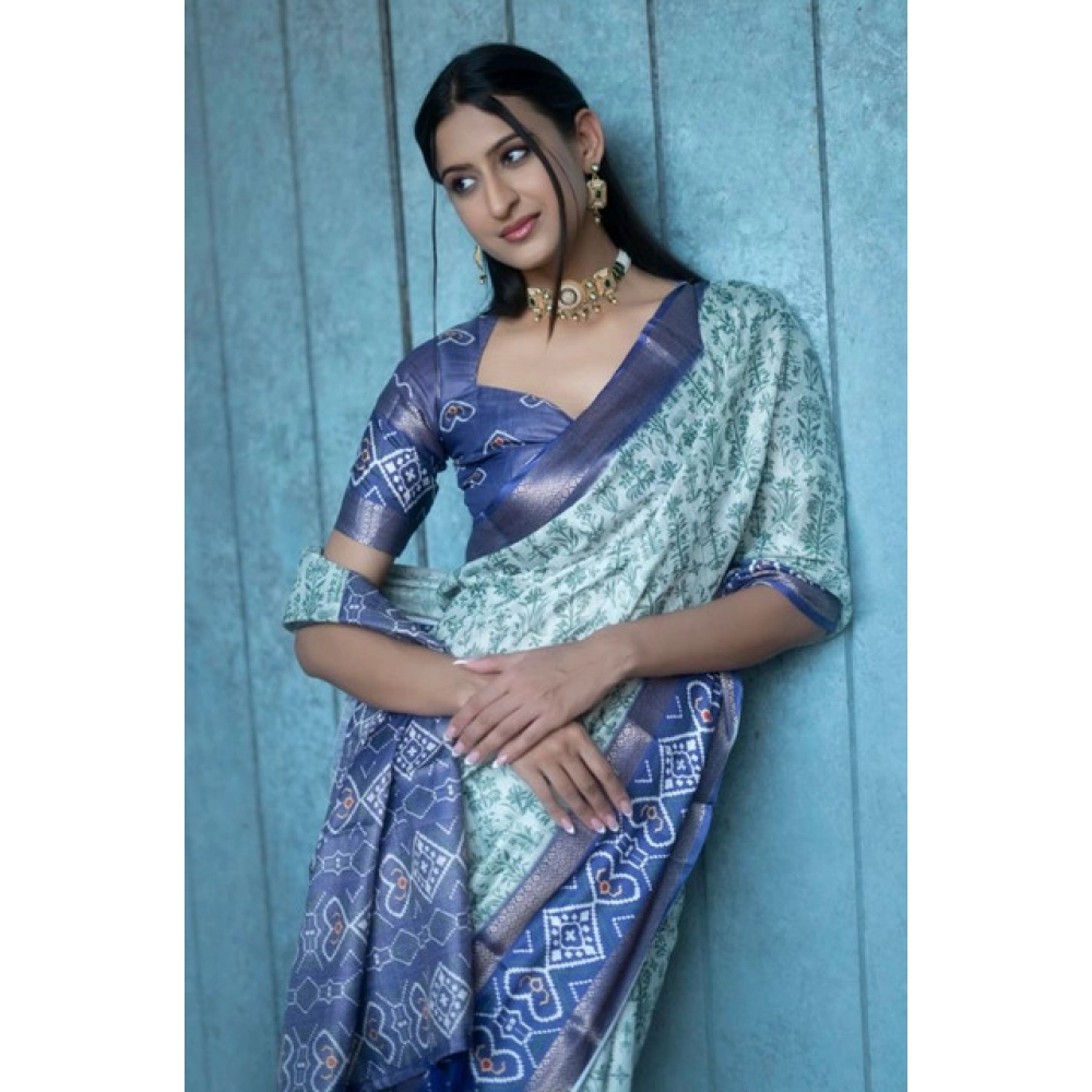 Generic Women's Polyester Printed Saree With Unstitched Blouse 5.5 Mtr (Green) - Image 4