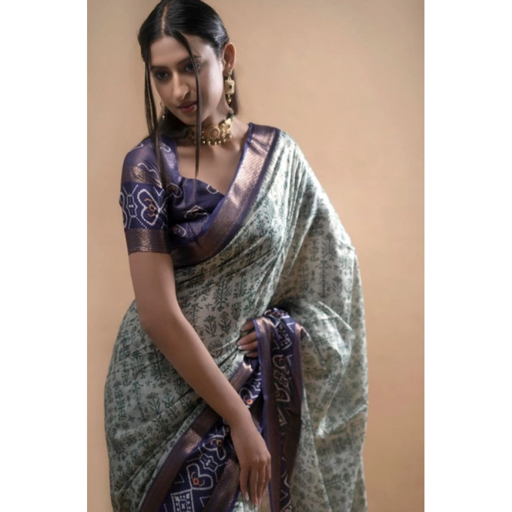 Generic Women's Polyester Printed Saree With Unstitched Blouse 5.5 Mtr (Green) - Image 3