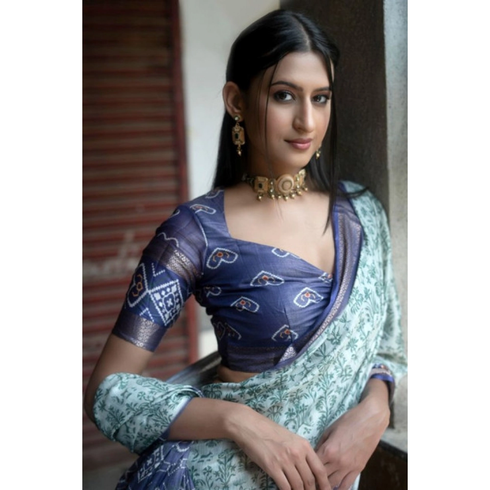 Generic Women's Polyester Printed Saree With Unstitched Blouse 5.5 Mtr (Green) - Image 2
