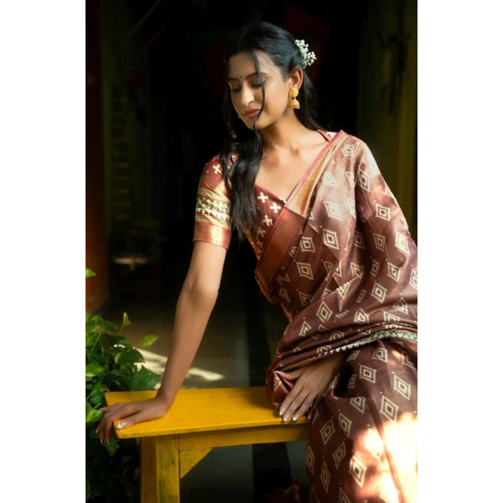 Generic Women's Polyester Printed Saree With Unstitched Blouse 5.5 Mtr (Maroon) - Image 2