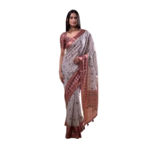 Generic Women's Polyester Printed Saree With Unstitched Blouse 5.5 Mtr (Off-White)