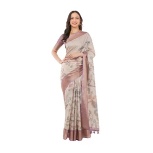 Generic Women's Polyester Printed Saree With Unstitched Blouse 5.5 Mtr (Cream)