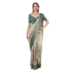 Generic Women's Polyester Printed Ready To Wear Saree With Unstitched Blouse 5.5 Mtr (Beige)