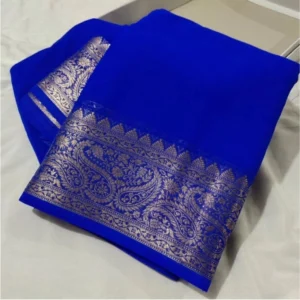 Generic Women's Crepe Chit Pallu Solid Saree With Unstitched Blouse 5.5Mtr (Navy Blue)