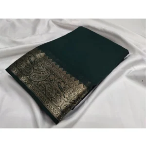 Generic Women's Crepe Chit Pallu Solid Saree With Unstitched Blouse 5.5Mtr (Bottle Green)