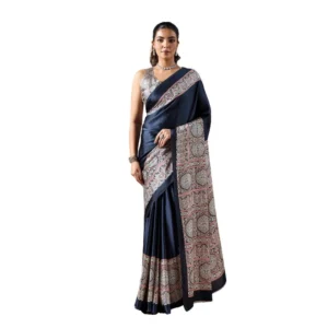 Generic Women's Satin Crepe Printed Saree With Unstitched Blouse 5.5Mtr (Navy Blue)