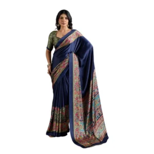 Generic Women's Satin Crepe Printed Saree With Unstitched Blouse 5.5Mtr (Navy Blue)
