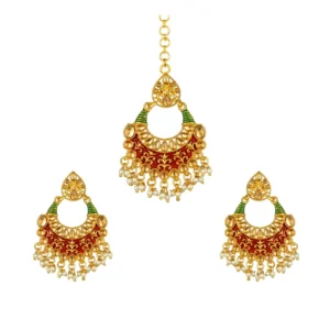 Generic Women's Rose Gold Plated Alloy Kundan Earrings & Mangtikka (Red & Green)