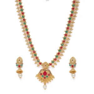 Generic Women's Rose Gold Plated Alloy Necklace & Earings Set (Green & Red)