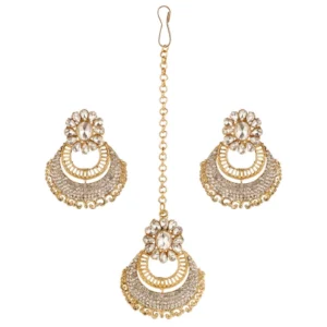 Generic Women's Rose Gold Plated Alloy Kundan Earrings & Mangtikka (White)