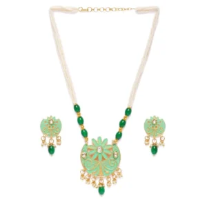 Generic Women's Rose Gold Plated Alloy Necklace & Earings Set (Green)