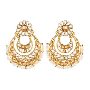 Generic Women's Rose Gold Plated Alloy Kundan Earrings & Mangtikka (White & Gold)