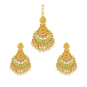 Generic Women's Rose Gold Plated Alloy Kundan Earrings & Mangtikka (Green)