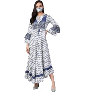 Generic Women's Casual Bell Sleeve Floral Printed Rayon Dress (White & Blue)