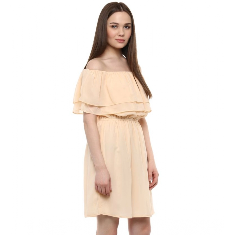 Generic Women's Polyester Solid Sleeveless Knee-Length Dress (Beige) - Image 4