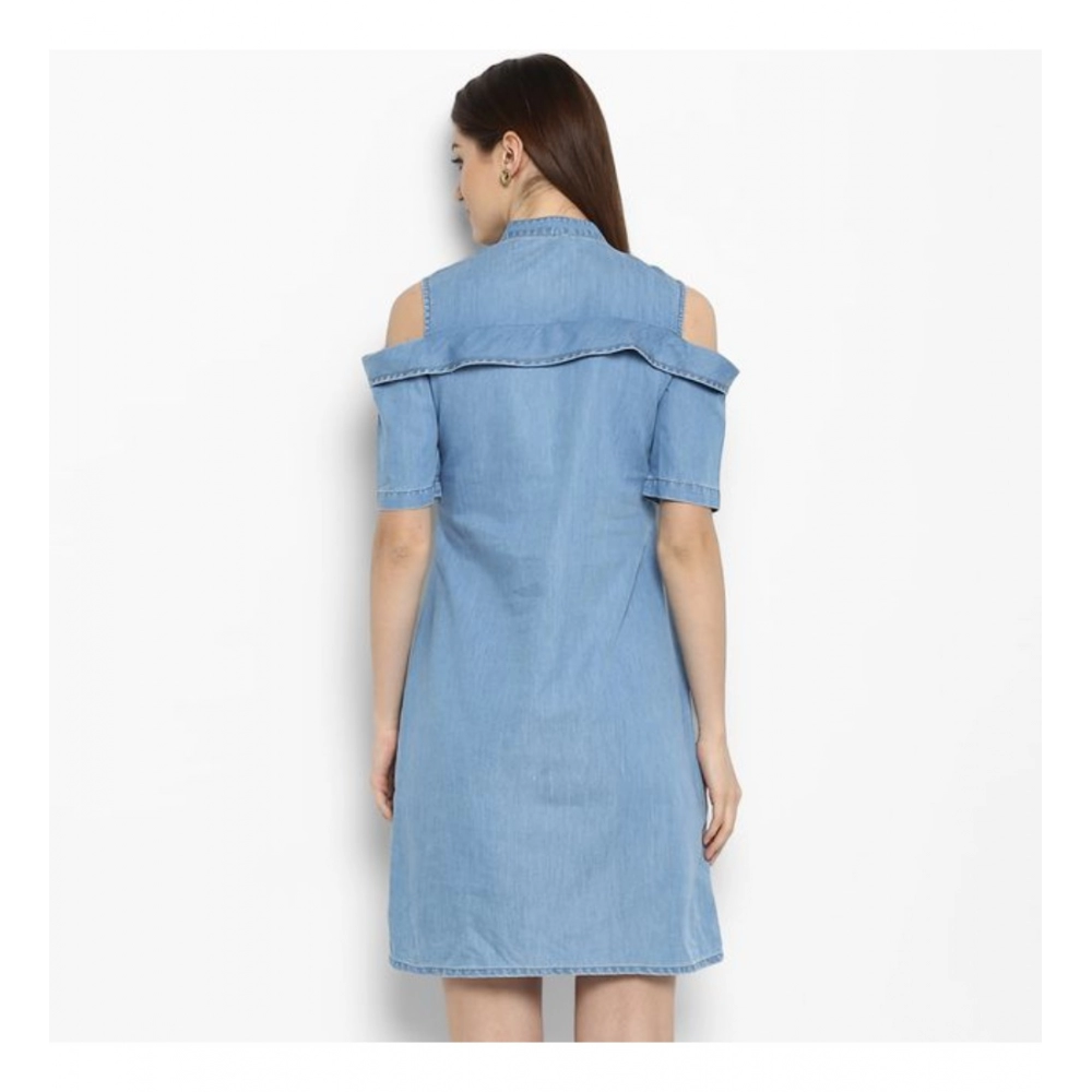 Generic Women's Denim Solid Cold Shoulder Above Knee Dress (Blue) - Image 7