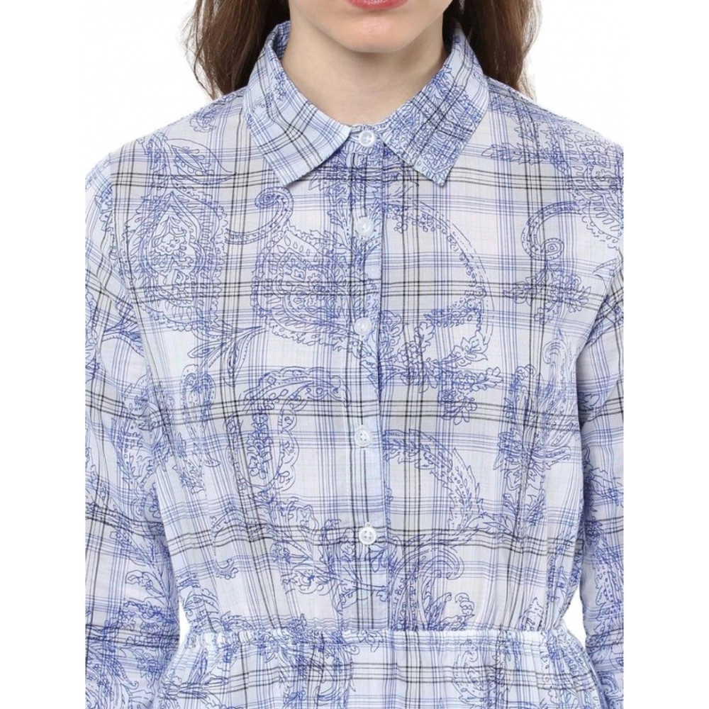 Generic Women's Cotton Checkered Roll Up Sleeve Above Knee Dress (Blue) - Image 2