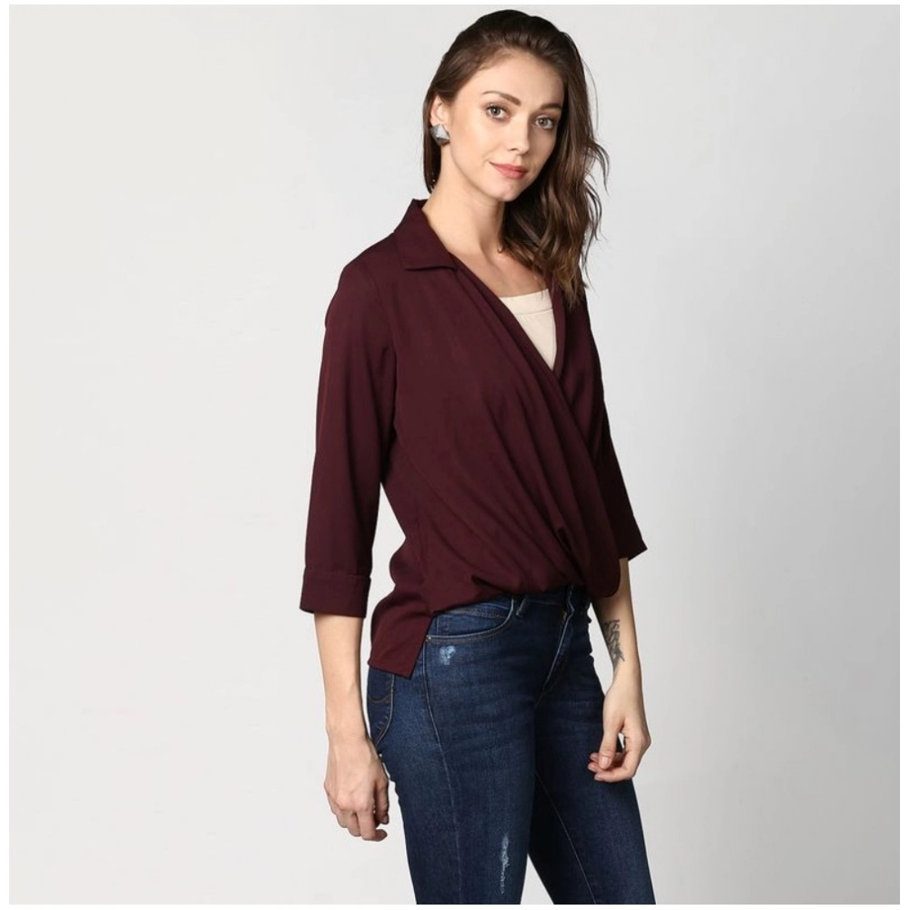 Generic Women's Polyester Solid 3-4th Sleeves Top (Maroon) - Image 4