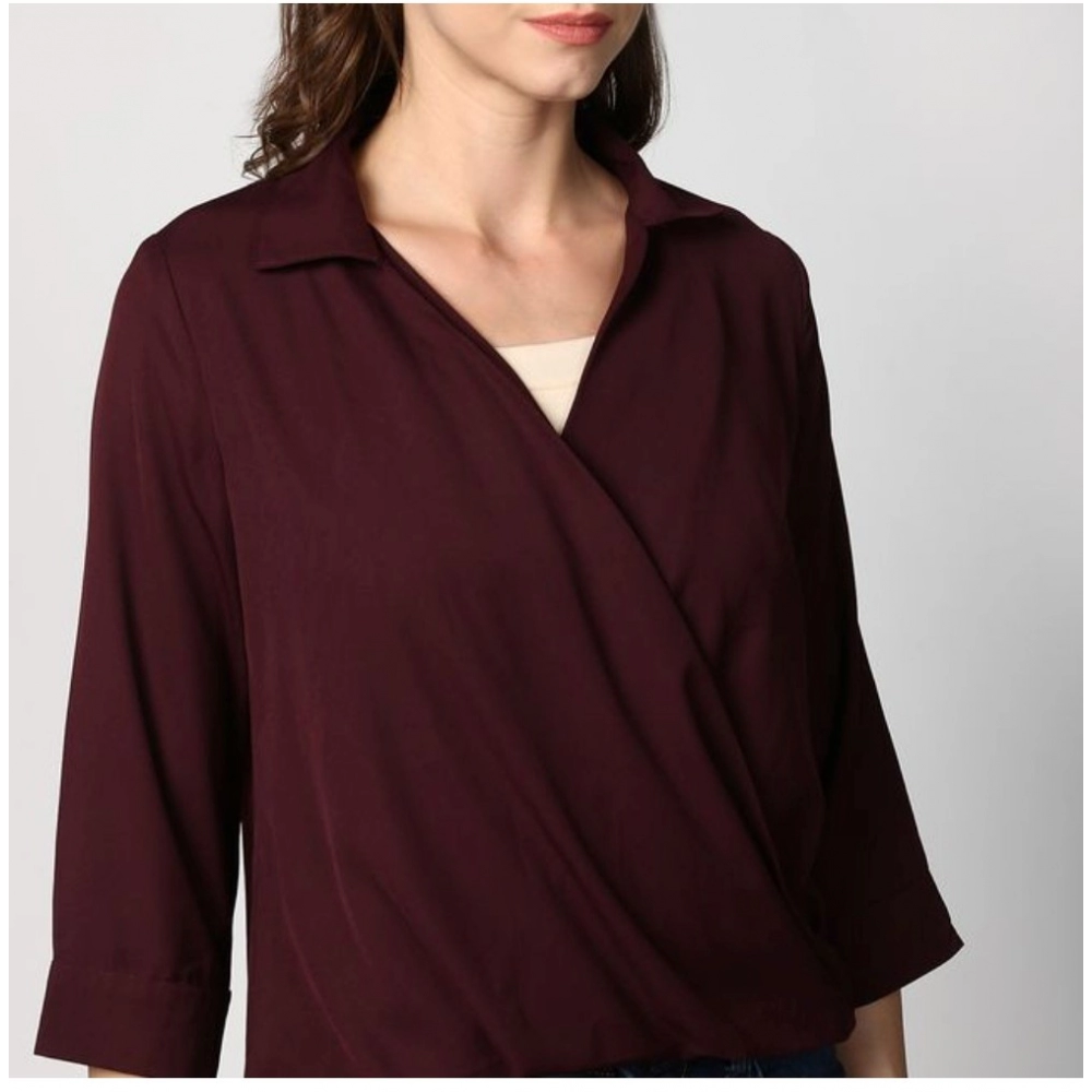 Generic Women's Polyester Solid 3-4th Sleeves Top (Maroon) - Image 2