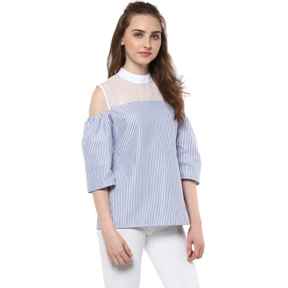 Generic Women's Cotton Striped Cold Shoulder Top (Blue) - Image 4