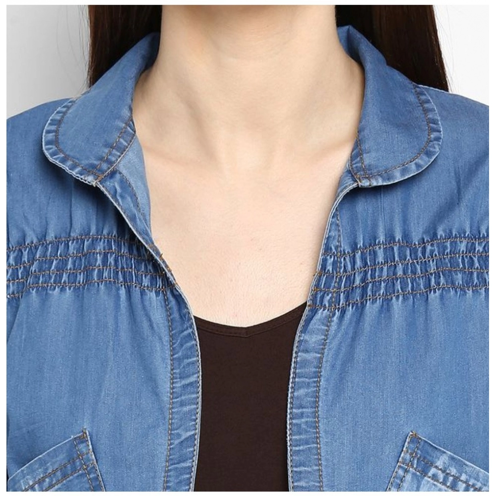 Generic Women's Denim Smocking 3-4th Sleeves Shrug (Blue) - Image 2