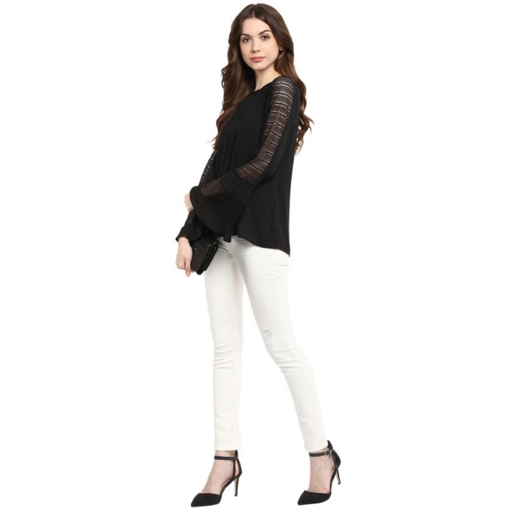 Generic Women's Polyester Georgette Self Design Bell Sleeve Regular Top (Black) - Image 6