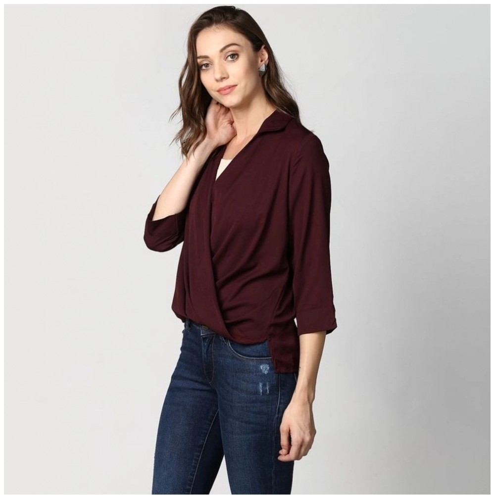 Generic Women's Polyester Solid 3-4th Sleeves Top (Maroon) - Image 3