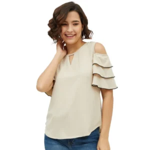 Generic Women's Polyester Tiered Cold Shoulder Top (Beige)
