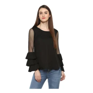 Generic Women's Polyester Solid Tier Sleeve Top (Black)
