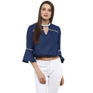 Generic Women's Polyester Solid Bell Sleeve Regular Top (Blue)