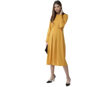 Generic Women's Polyester Pintuck Long Sleeves Below Knee Dress (Yellow)