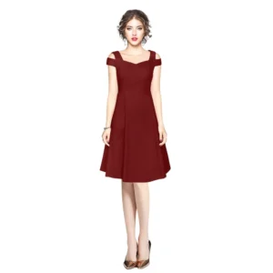 Generic Women's Polyester Solid V Neck Cap Sleeve off Shoulder Dress (Maroon)