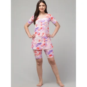 Generic Women's Polyester Spandex Printed Round Neck Swimsuit Set (Multicolor)