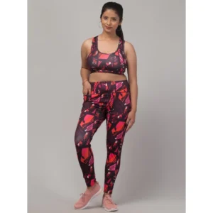 Generic Women's Polyester Spandex Printed Ankle Length High Rise Slip On Tights and Bra Set (Red)