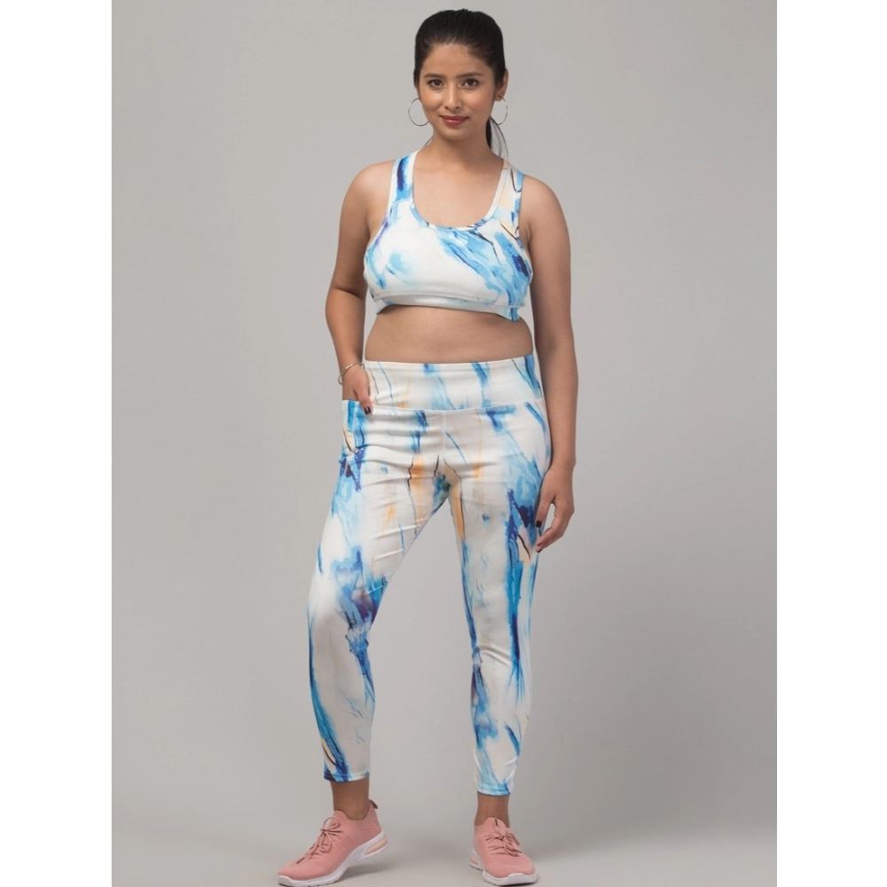Generic Women's Polyester Spandex Printed Ankle Length High Rise Slip On Tights and Bra Set (SkyBlue)