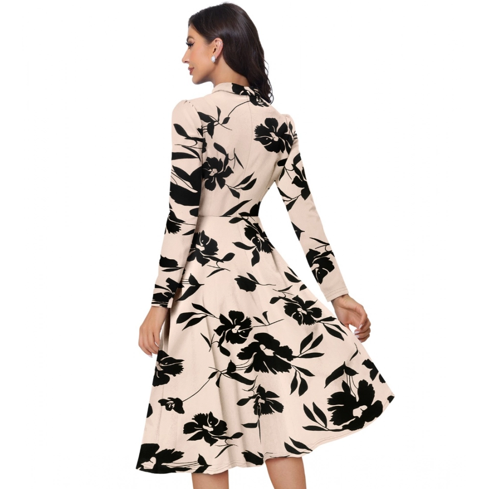 Generic Women's Knitting Printed V-Neck Full Sleeve Dress (Cream) - Image 4