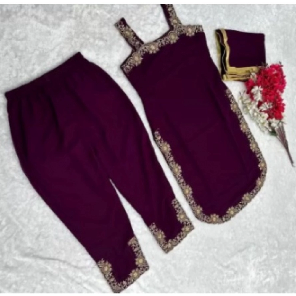 Generic Women's Georgette Embroidery Sleeveless Round Neck Kurti, Palazzo And Dupatta Set (Wine) - Image 3