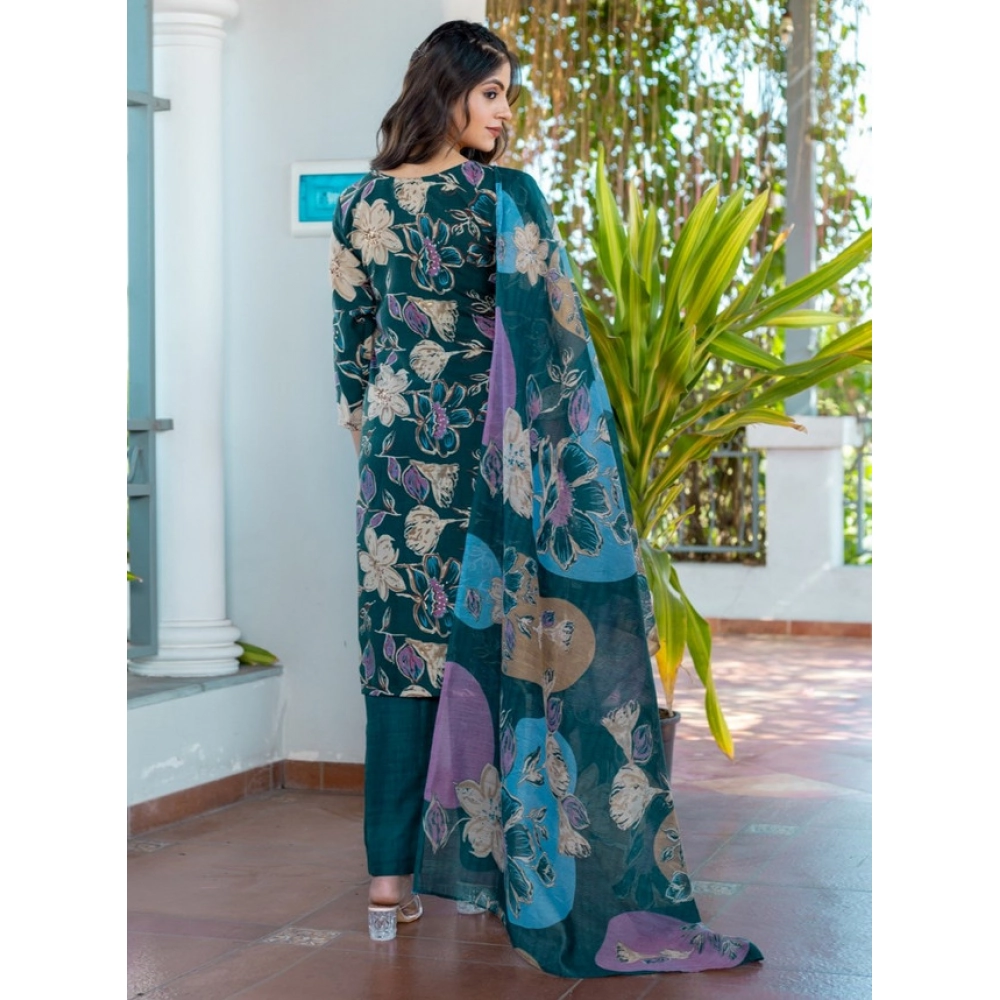 Generic Women's Cotton Blend Printed Kurti With Pant Dupatta Set (Rama) - Image 2