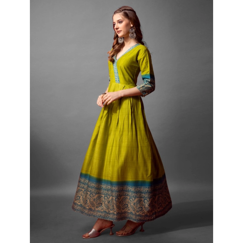 Generic Women's Cotton Blend Printed Anarkali Gown (Green) - Image 2