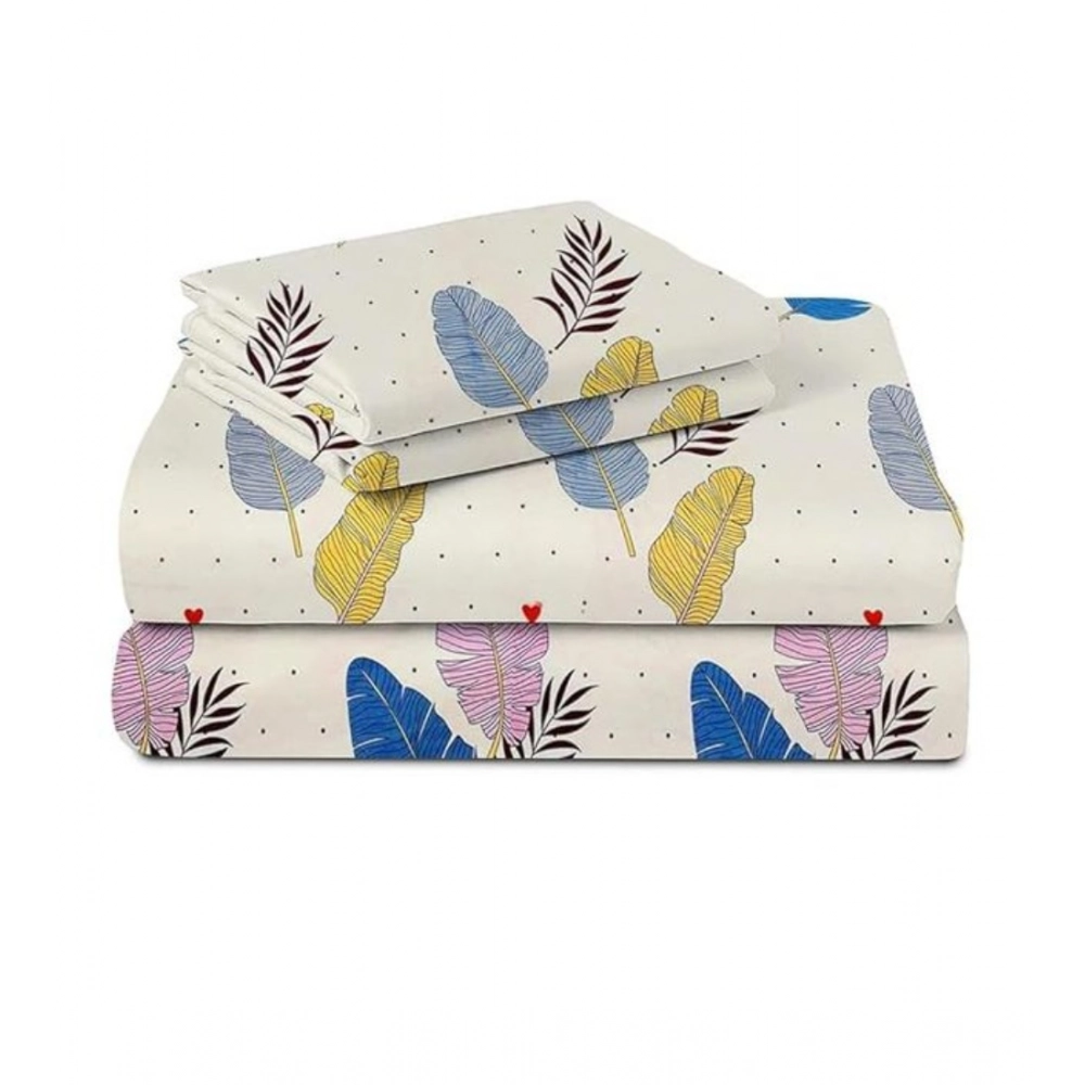 Generic Cotton Blend Floral Printed Double Bedsheet with 2 Pillow Covers (Off -White) - Image 3