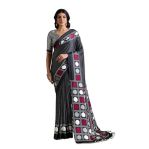 Generic Women's Satin Crepe Printed Saree With Unstitched Blouse 5.5Mtr (Black)