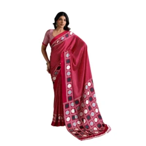 Generic Women's Satin Crepe Printed Saree With Unstitched Blouse 5.5Mtr (Red)