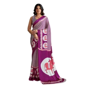 Generic Women's Satin Crepe Printed Saree With Unstitched Blouse 5.5Mtr (Purple)