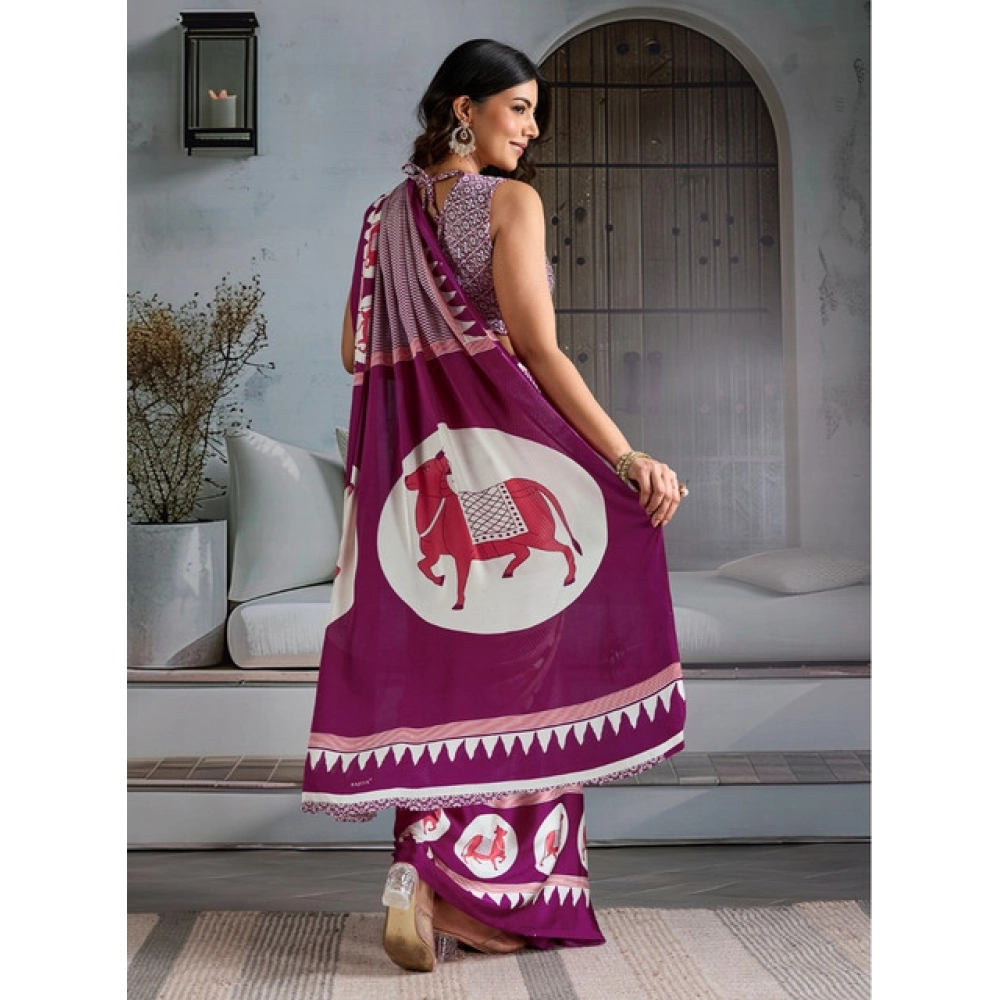 Generic Women's Satin Crepe Printed Saree With Unstitched Blouse 5.5Mtr (Purple) - Image 4